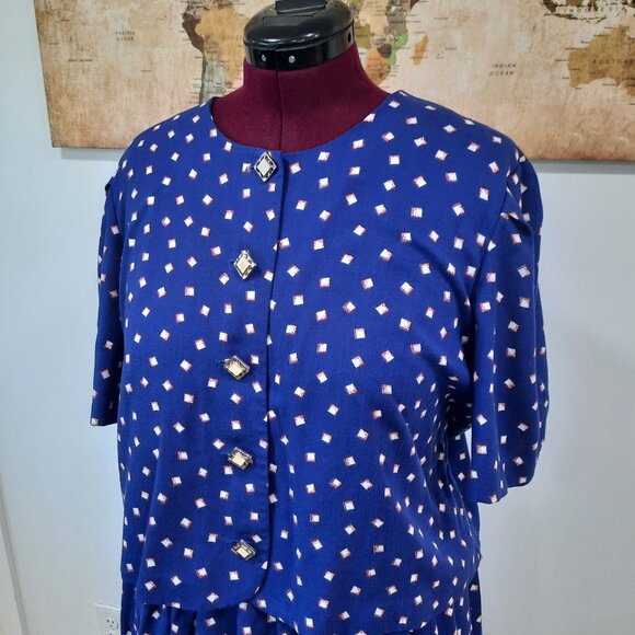 Vtg 80s blue skirt set w/ unique buttons - Handmade - Picture 3 of 12
